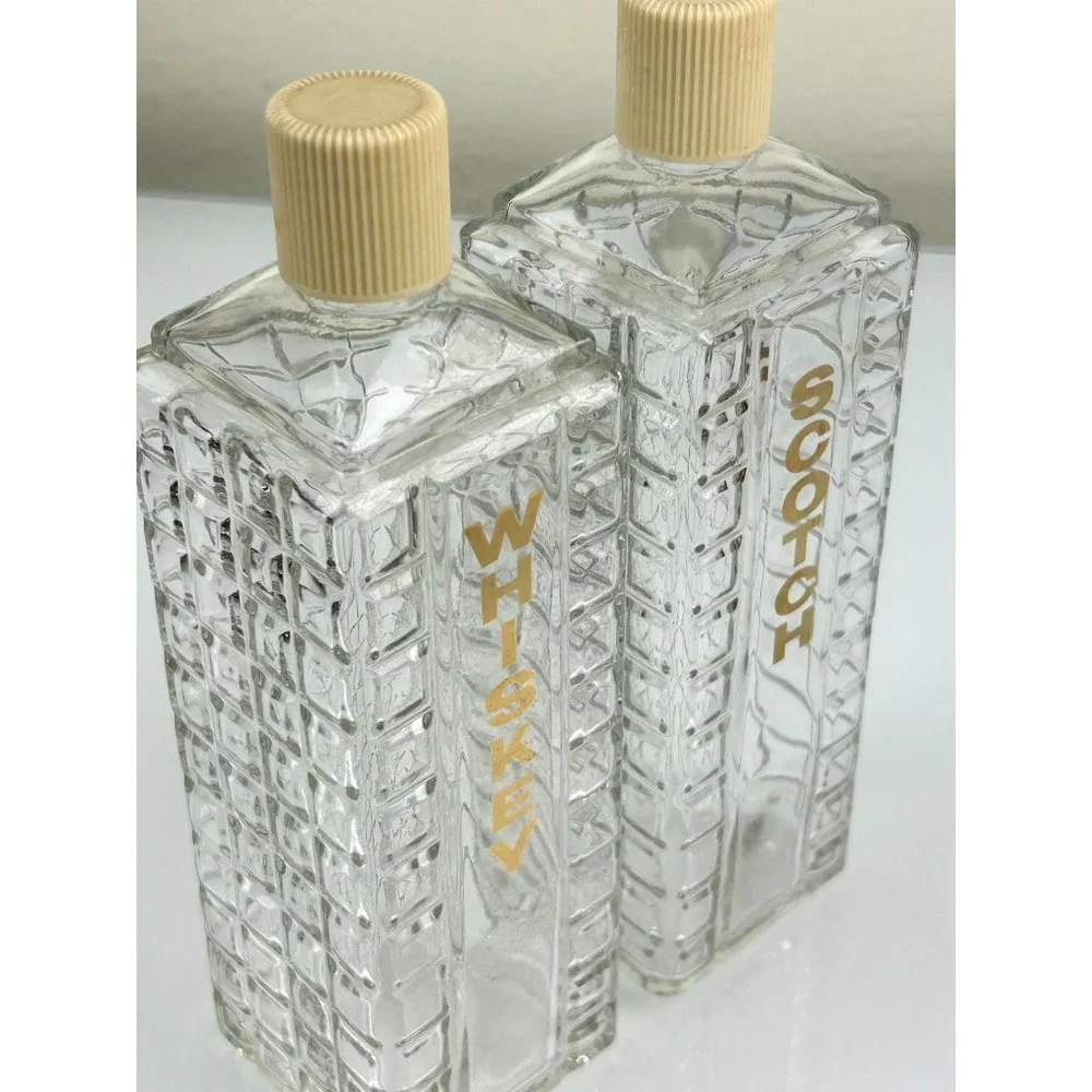 Vintage MCM Mid-Century KAROFF Whiskey & Scotch Clear Glass Barware Bottles